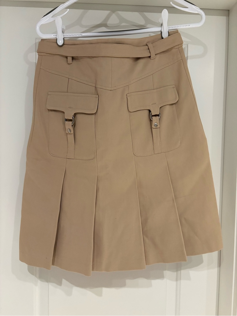 S. Max Mara Beige Belted  Pleated Cotton Midi Skirt